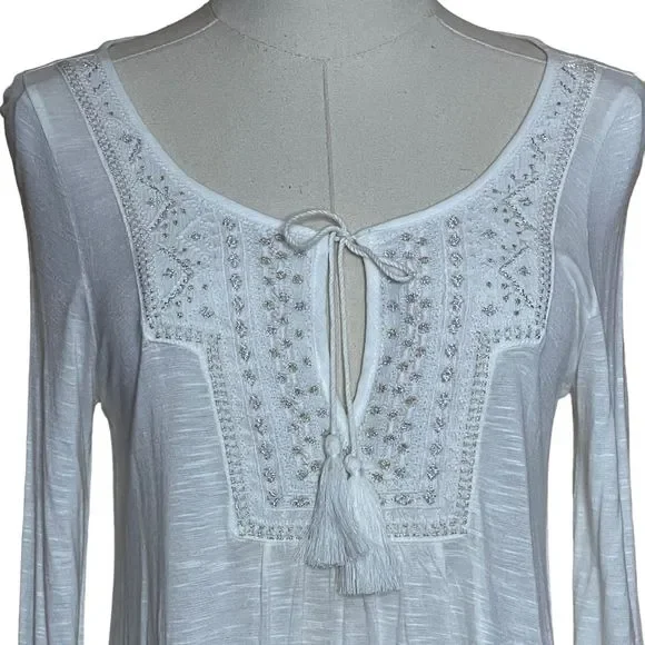 American Eagle NWT Embroidered Long-Sleeve Tunic Women's Cream XS Tasseled Boho - Picture 2 of 6
